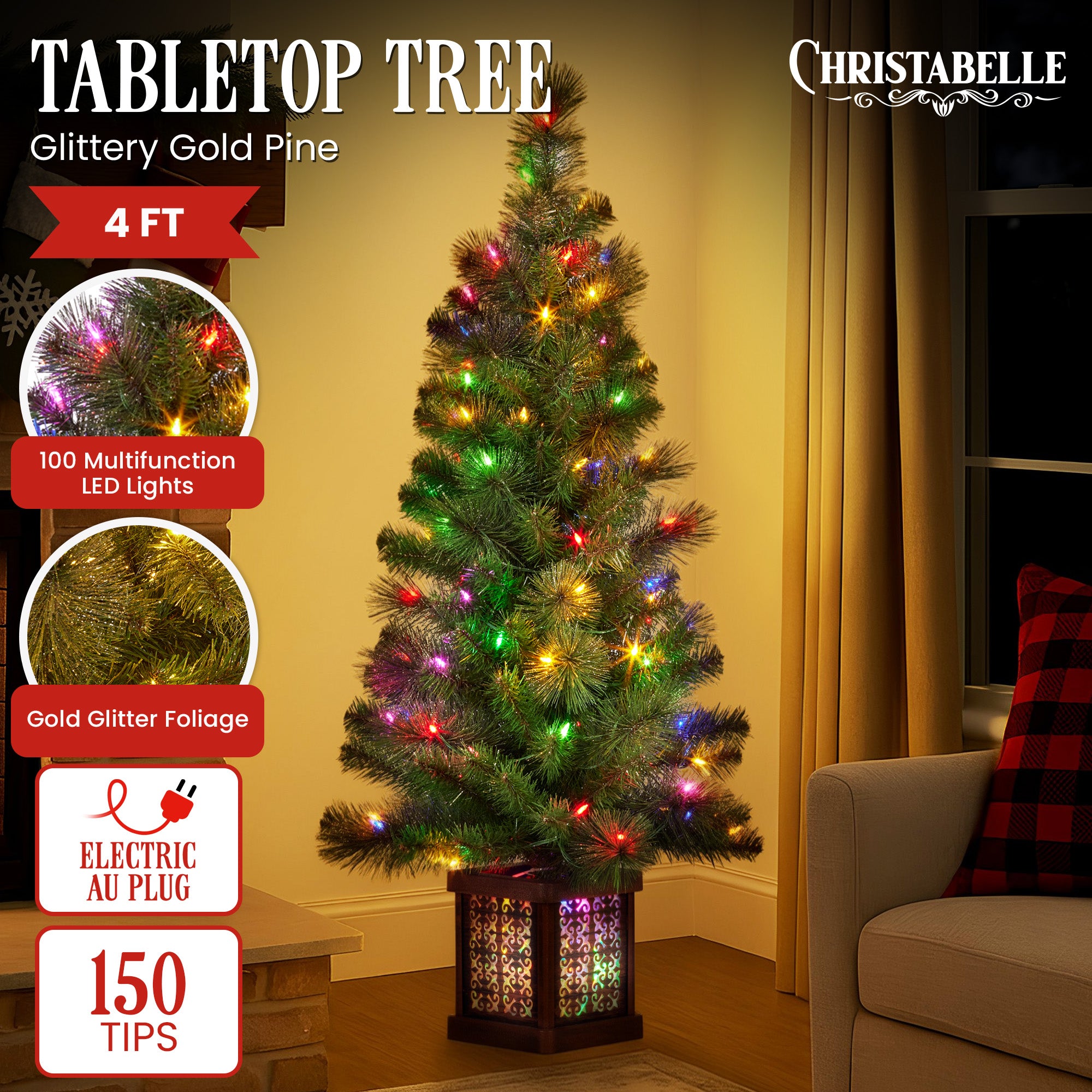 4FT Pre-Lit Glitter Gold Christmas Tree with 100 Multi-Function LEDs