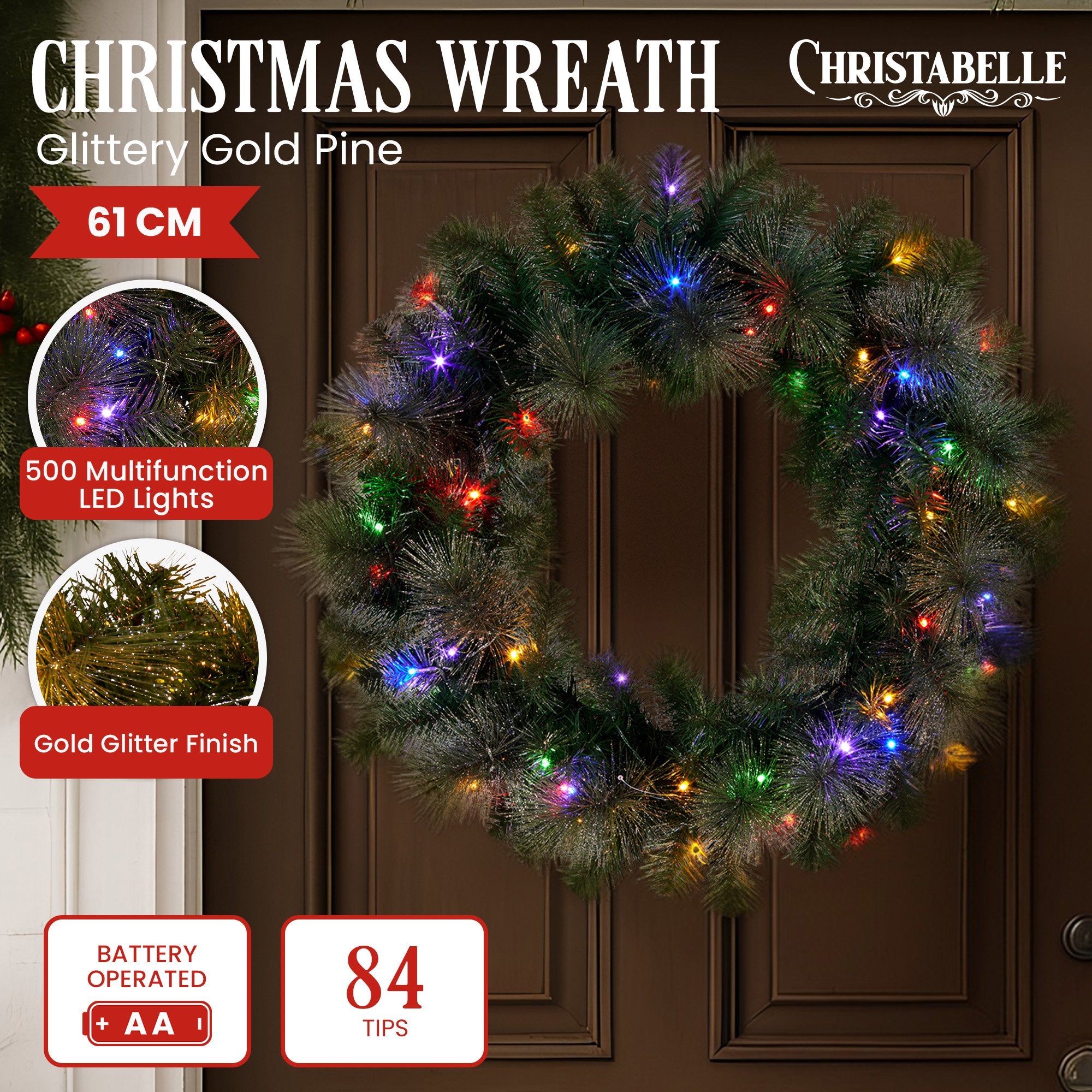 61CM Pre-Lit Glitter Pine Christmas Wreath with Multi-Colour LEDs
