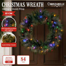 61CM Pre-Lit Glitter Pine Christmas Wreath with Multi-Colour LEDs