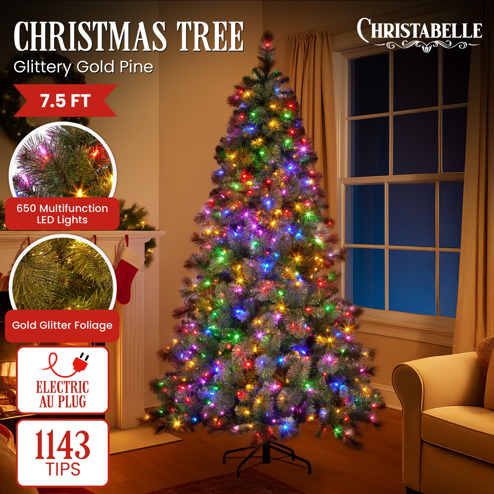 7.5FT Pre-Lit Glitter Gold Christmas Tree with 650 Multi-Function LEDs