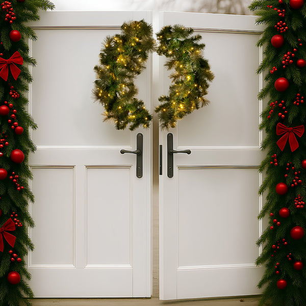 76cm Split Pre-Lit Christmas Wreath – 124 Tips, 100 LED (2 Piece)