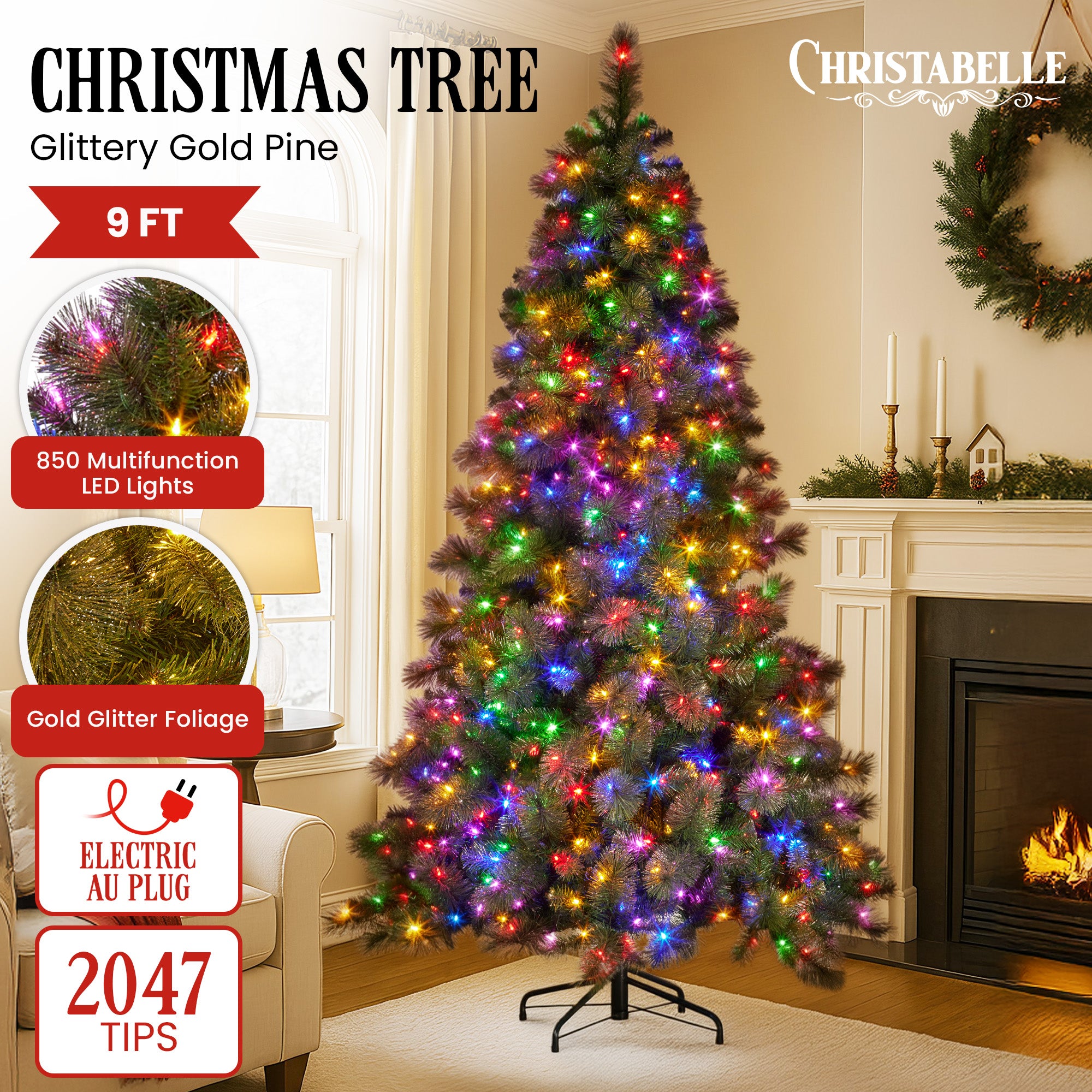 9FT Pre-Lit Glitter Gold Christmas Tree with 850 Multi-Function LEDs