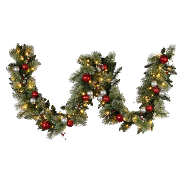 2.7M Pre-Lit Christmas Garland with Red & Silver Baubles