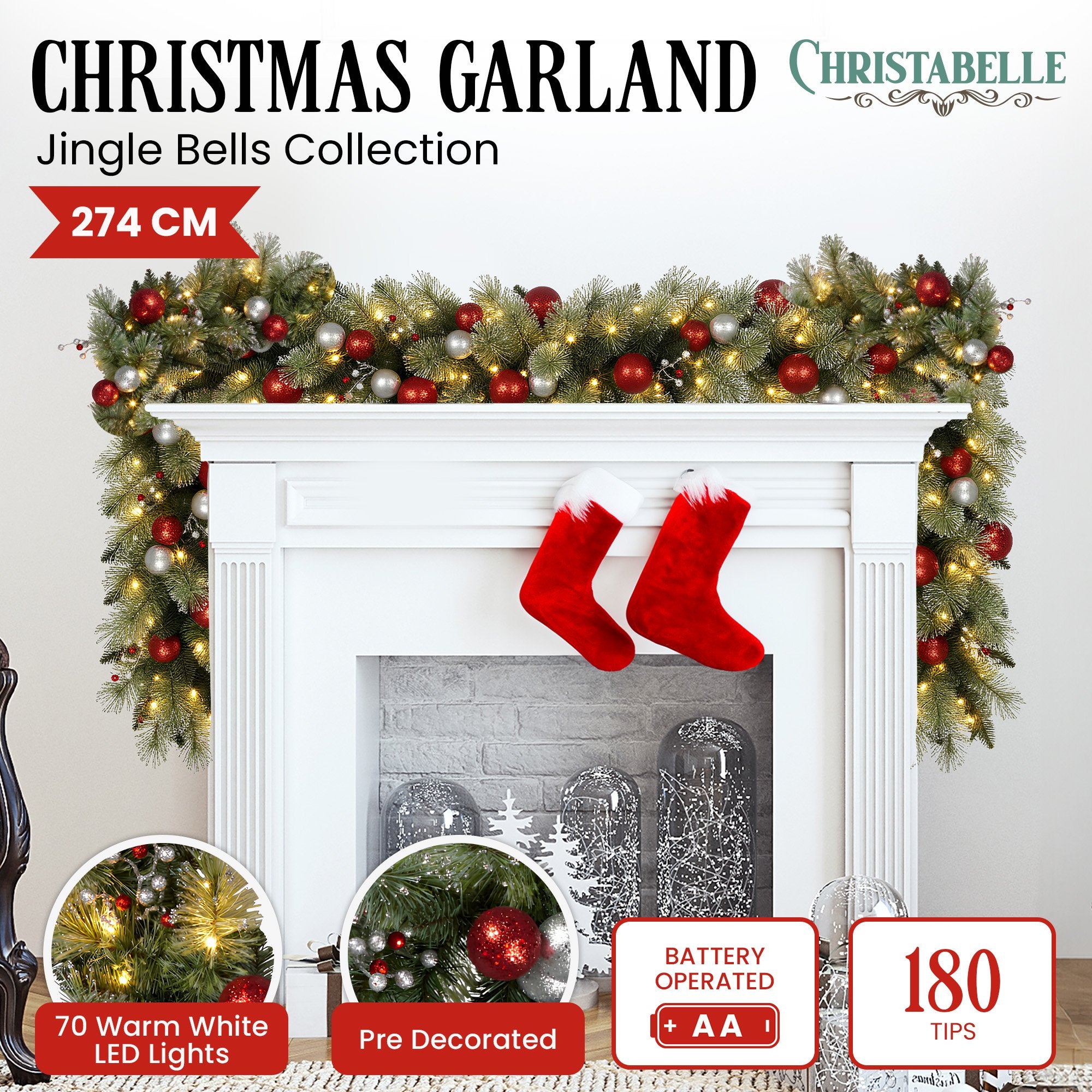 2.7M Pre-Lit Christmas Garland with Red & Silver Baubles