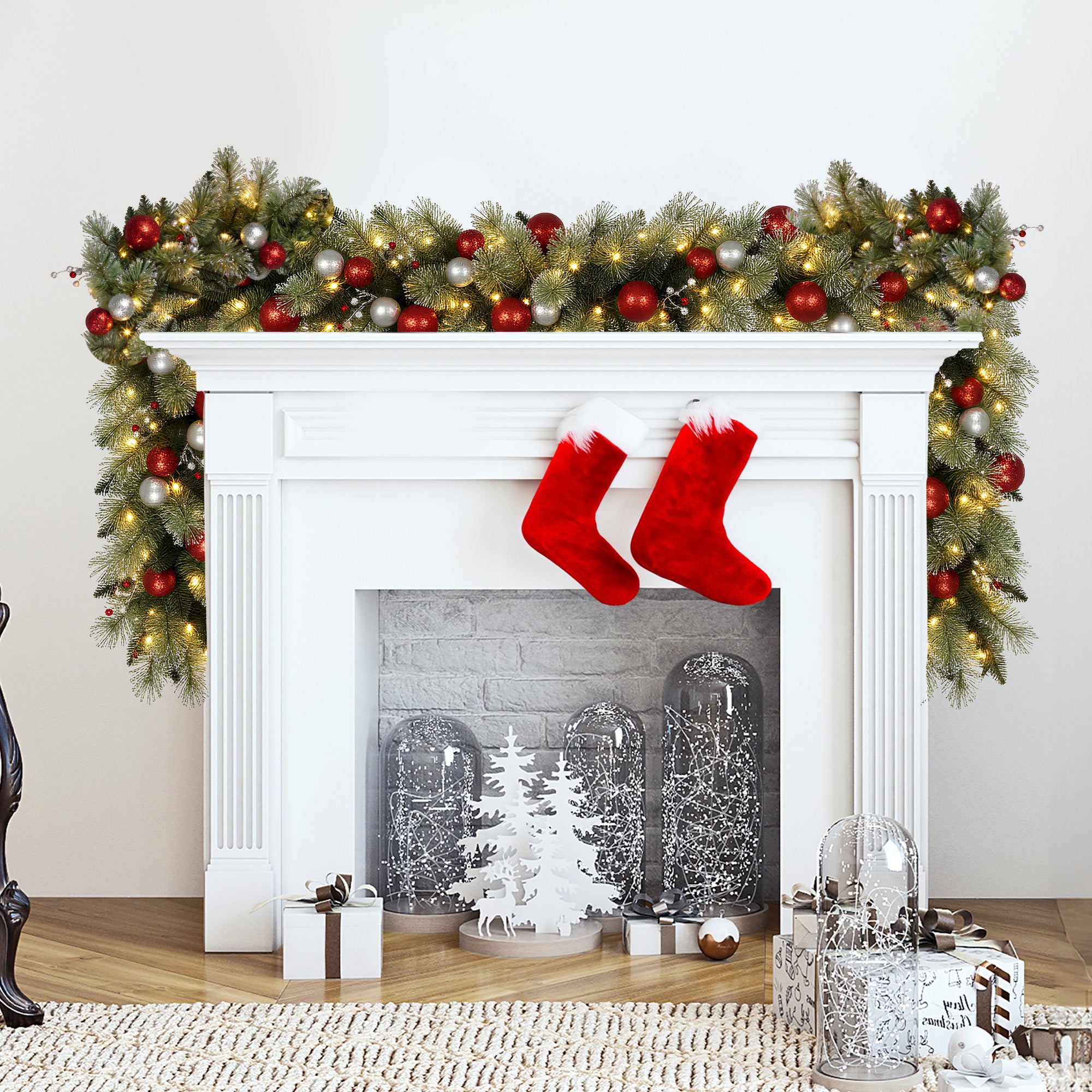 2.7M Pre-Lit Christmas Garland with Red & Silver Baubles