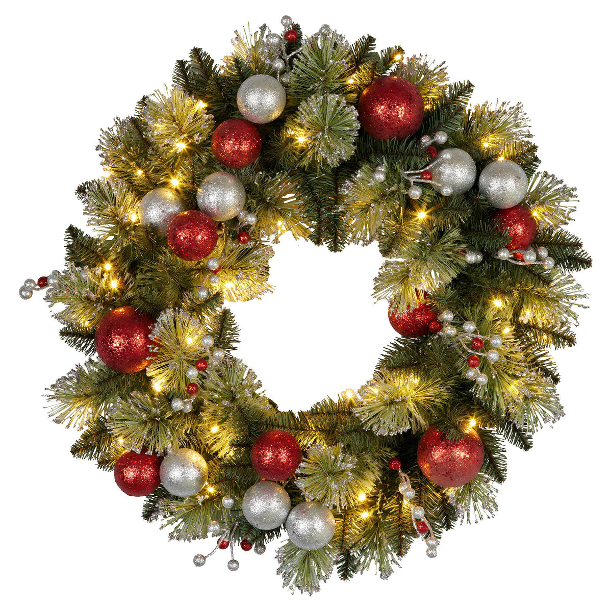 61cm Pre-Lit Christmas Wreath – Baubles & Berries, 50 LED Warm White