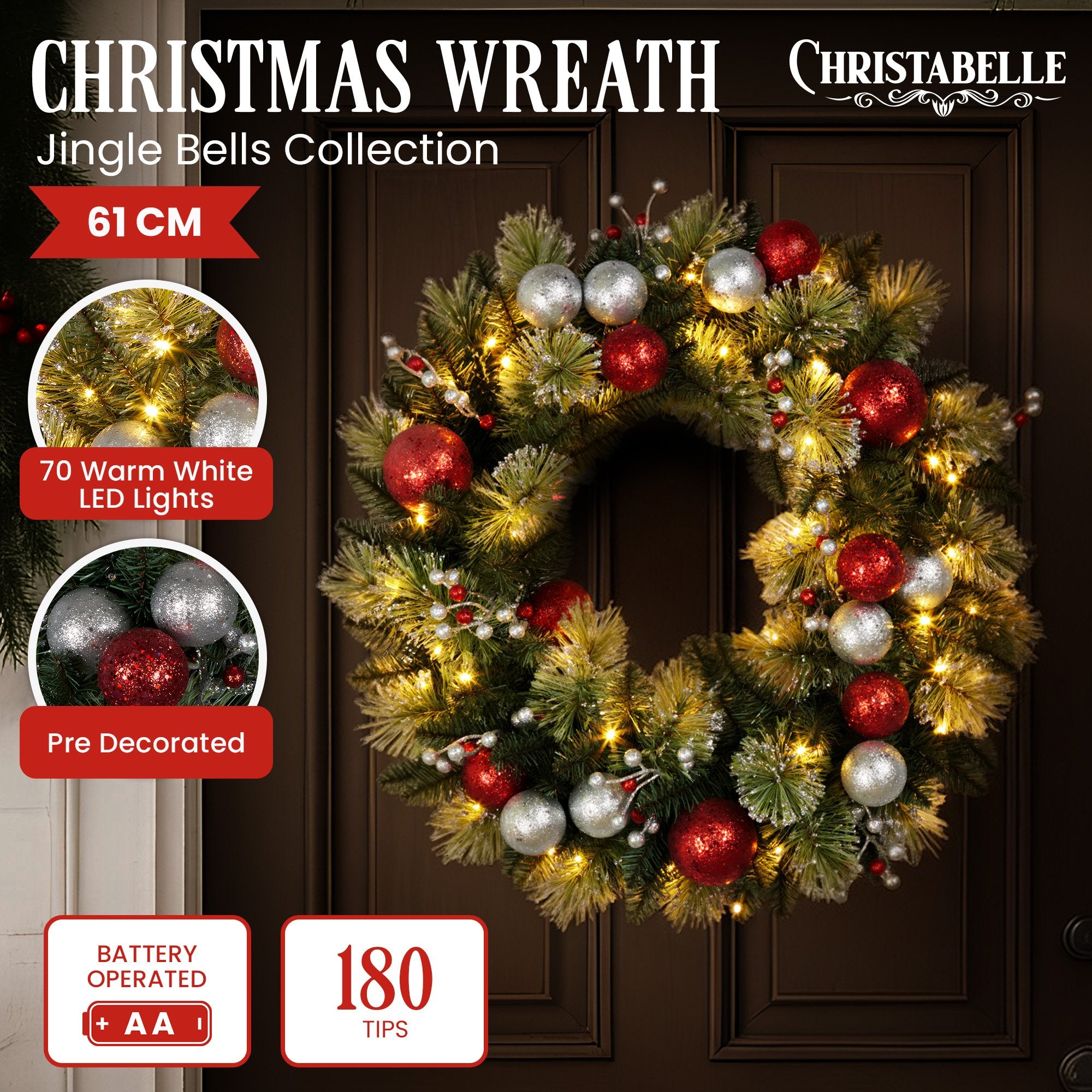 61CM Pre-Lit Christmas Wreath with Warm White LEDs, Baubles & Berries