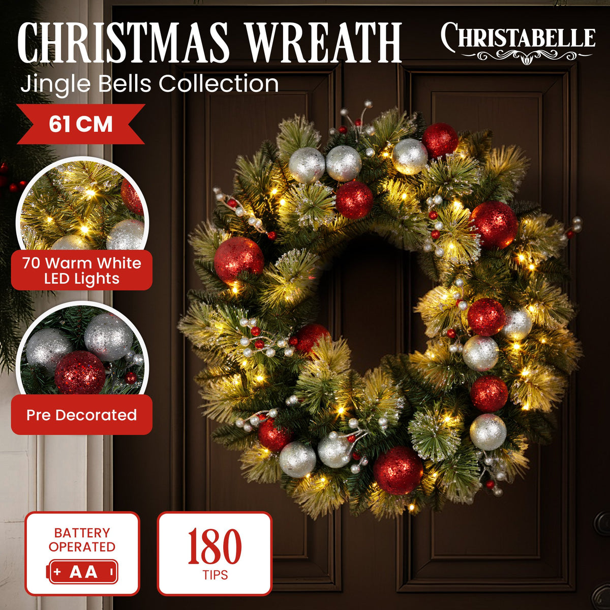 61CM Pre-Lit Christmas Wreath with Warm White LEDs, Baubles & Berries