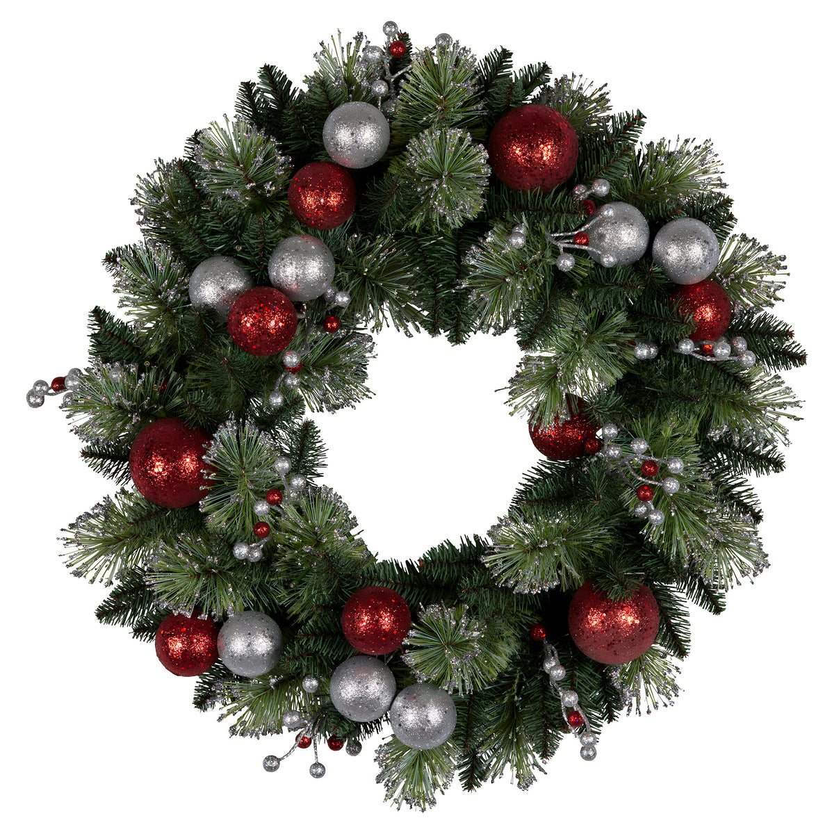 61CM Pre-Lit Christmas Wreath with Warm White LEDs, Baubles & Berries