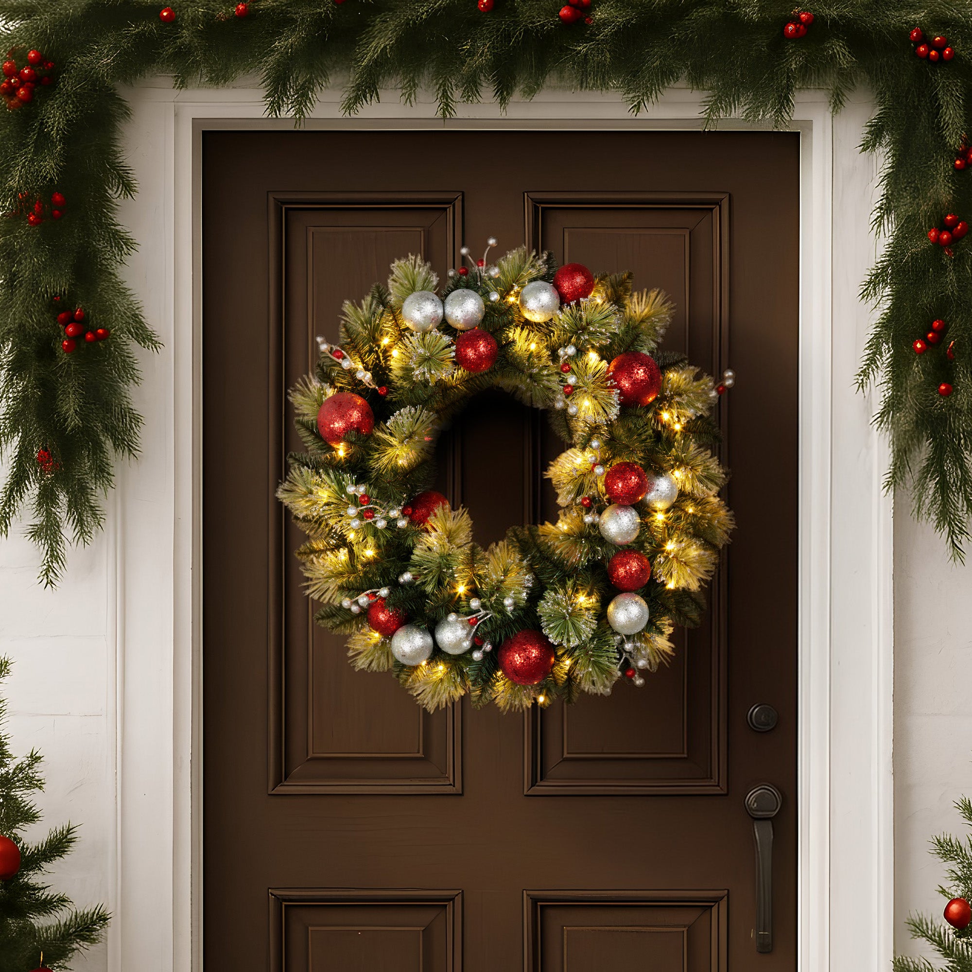 61cm Pre-Lit Christmas Wreath – Baubles & Berries, 50 LED Warm White