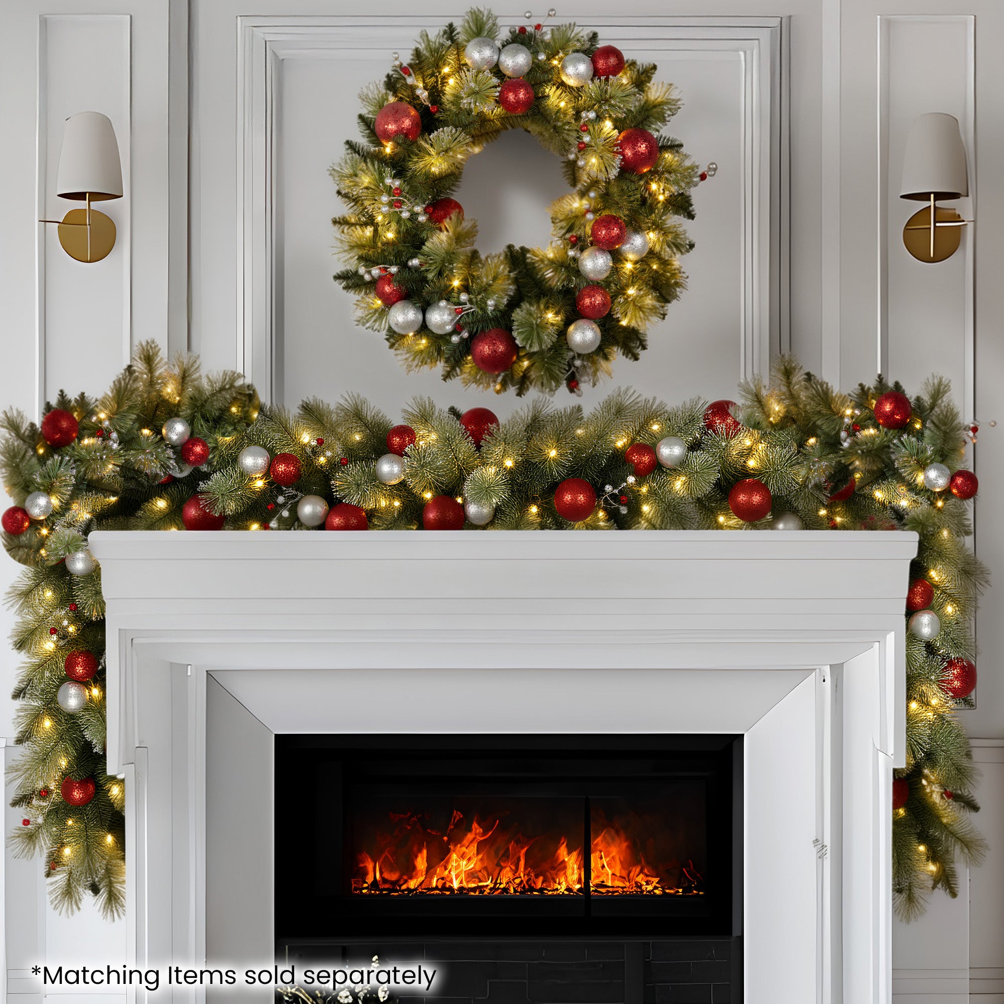 61CM Pre-Lit Christmas Wreath with Warm White LEDs, Baubles & Berries