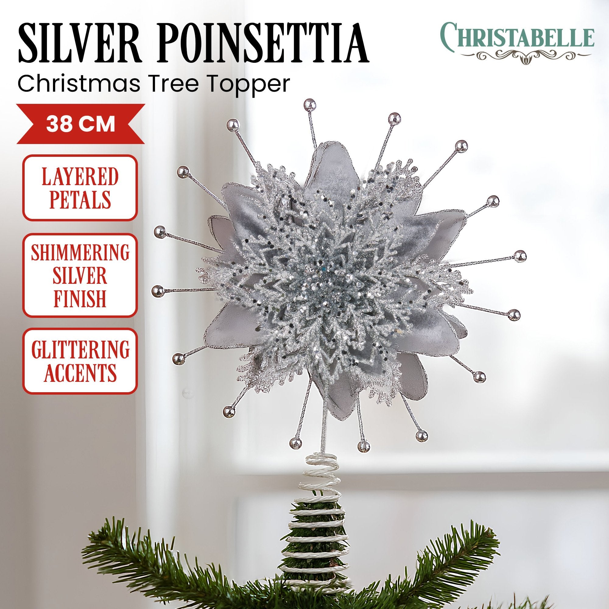 38CM Silver Poinsettia Tree Topper