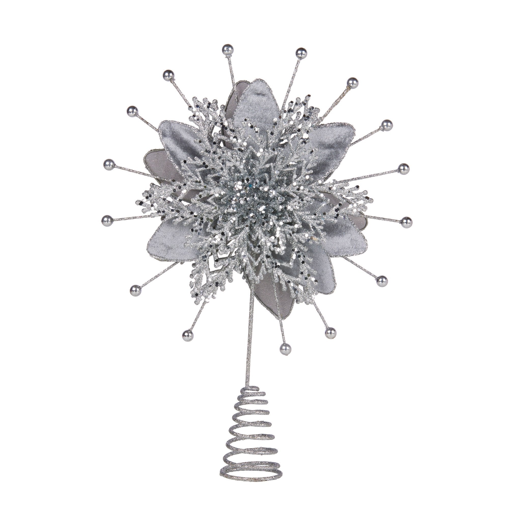 38cm Silver Poinsettia Christmas Tree Topper