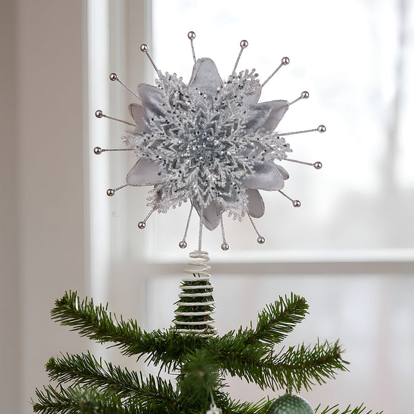 38cm Silver Poinsettia Christmas Tree Topper