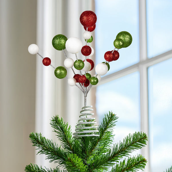 30cm Bauble Christmas Tree Topper – Red White Green Glitter