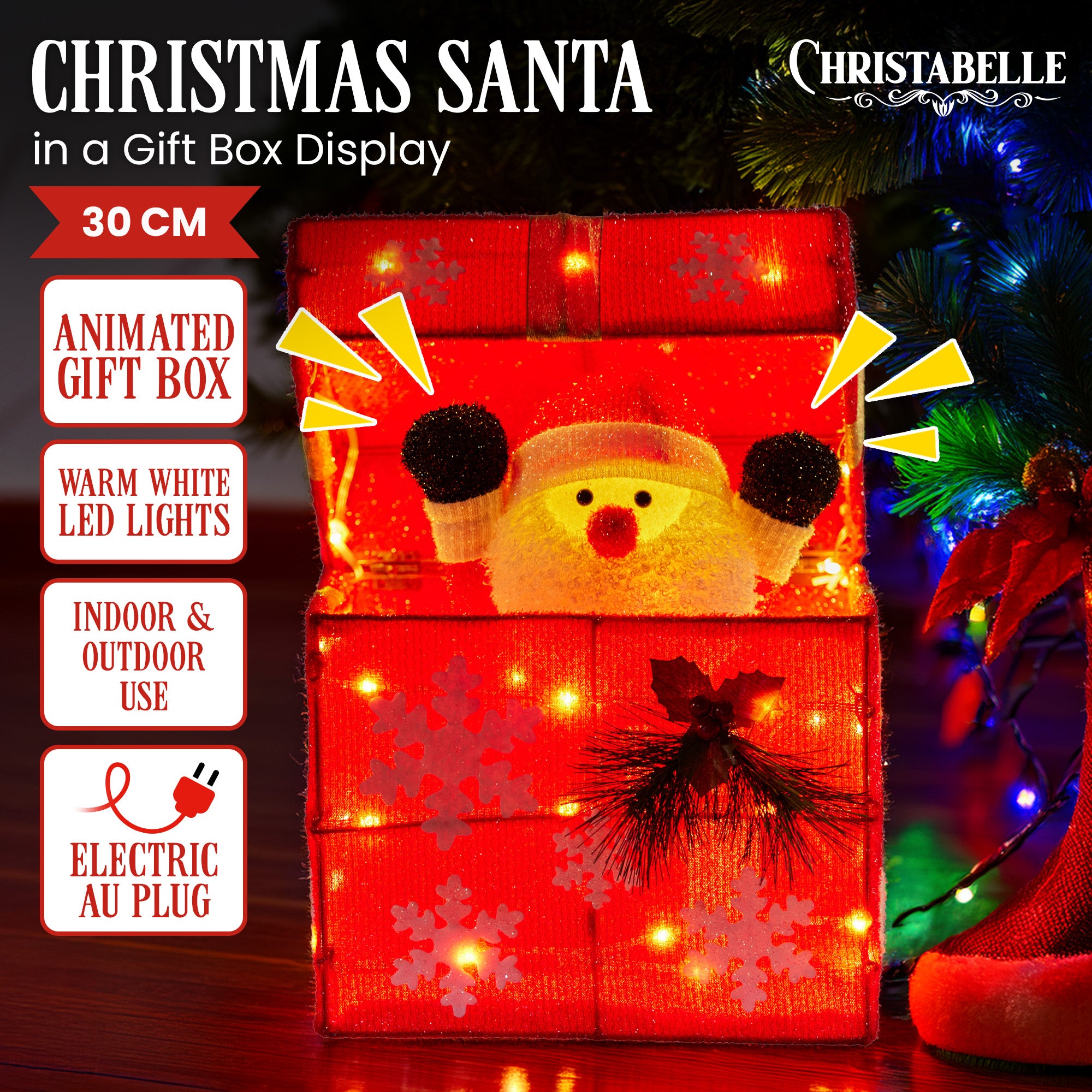 30CM Animated Santa Gift Box Christmas Display with 50 Warm White LEDs