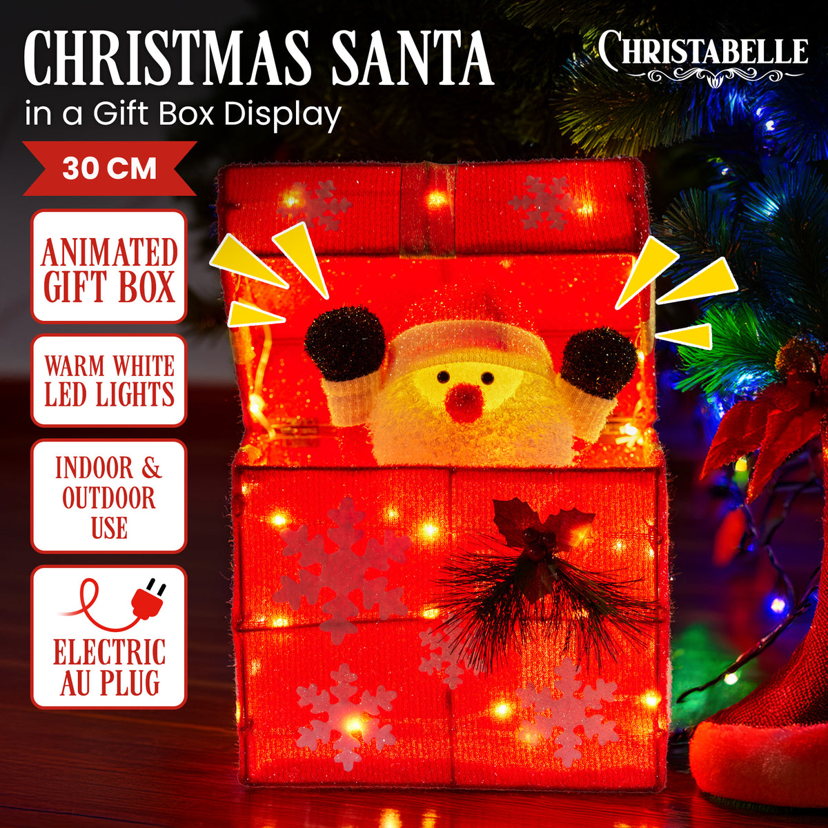 30CM Animated Santa Gift Box Christmas Display with 50 Warm White LEDs