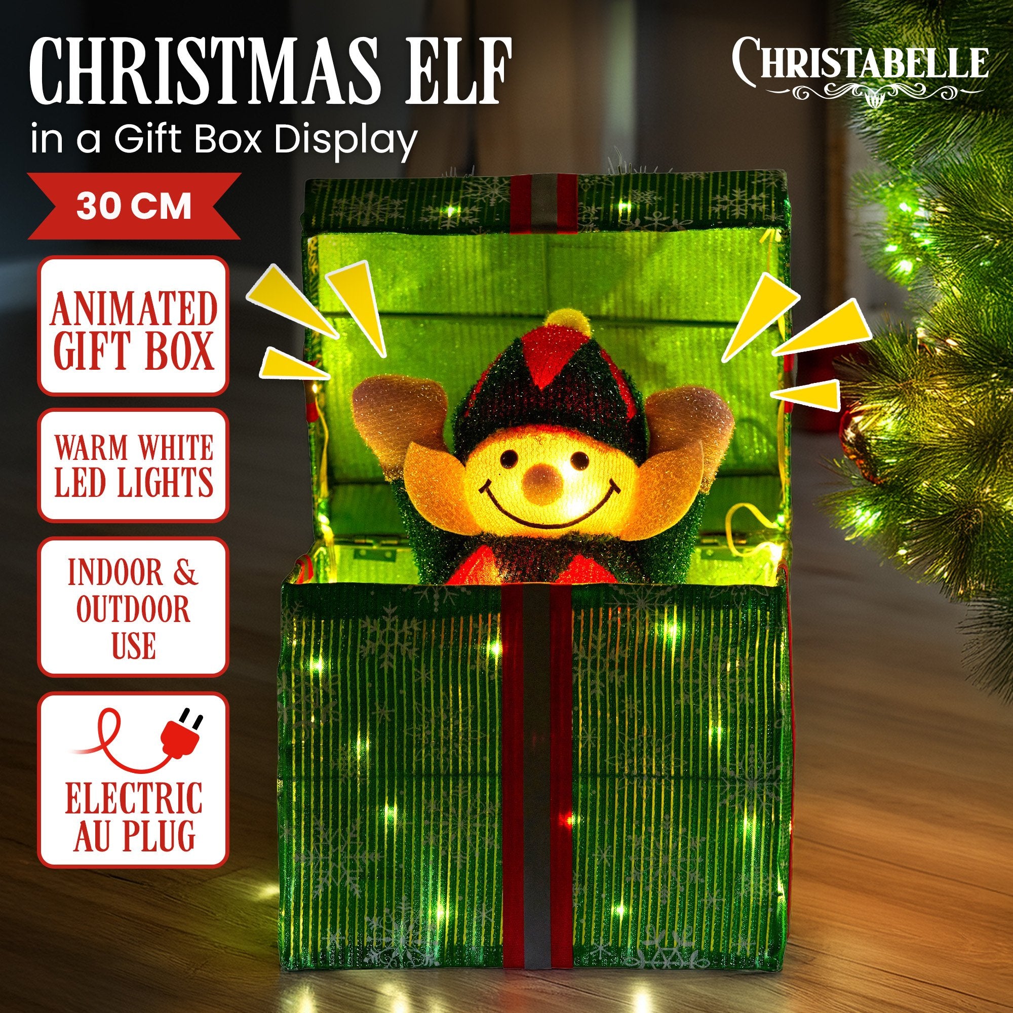30CM Animated Elf Gift Box Christmas Display with 50 Warm White LEDs