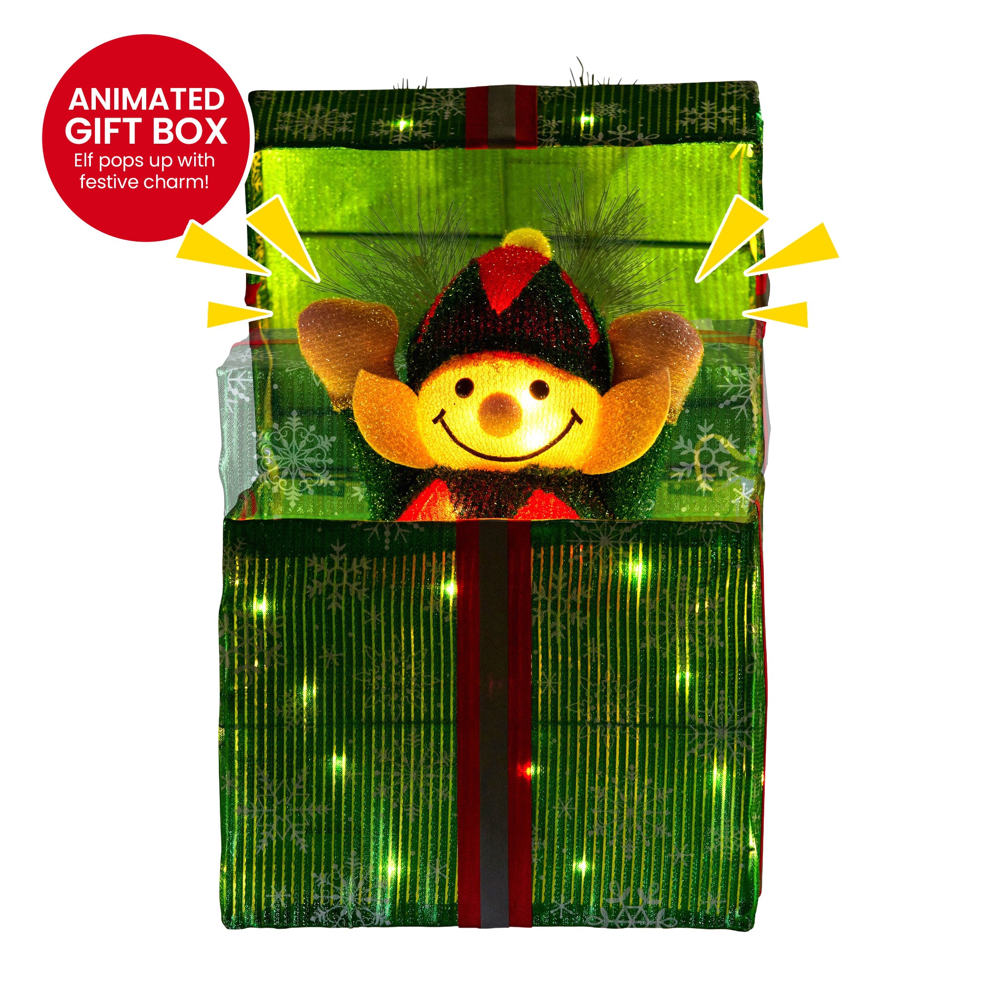 30CM Animated Elf Gift Box Display – 50 Warm White LED Lights