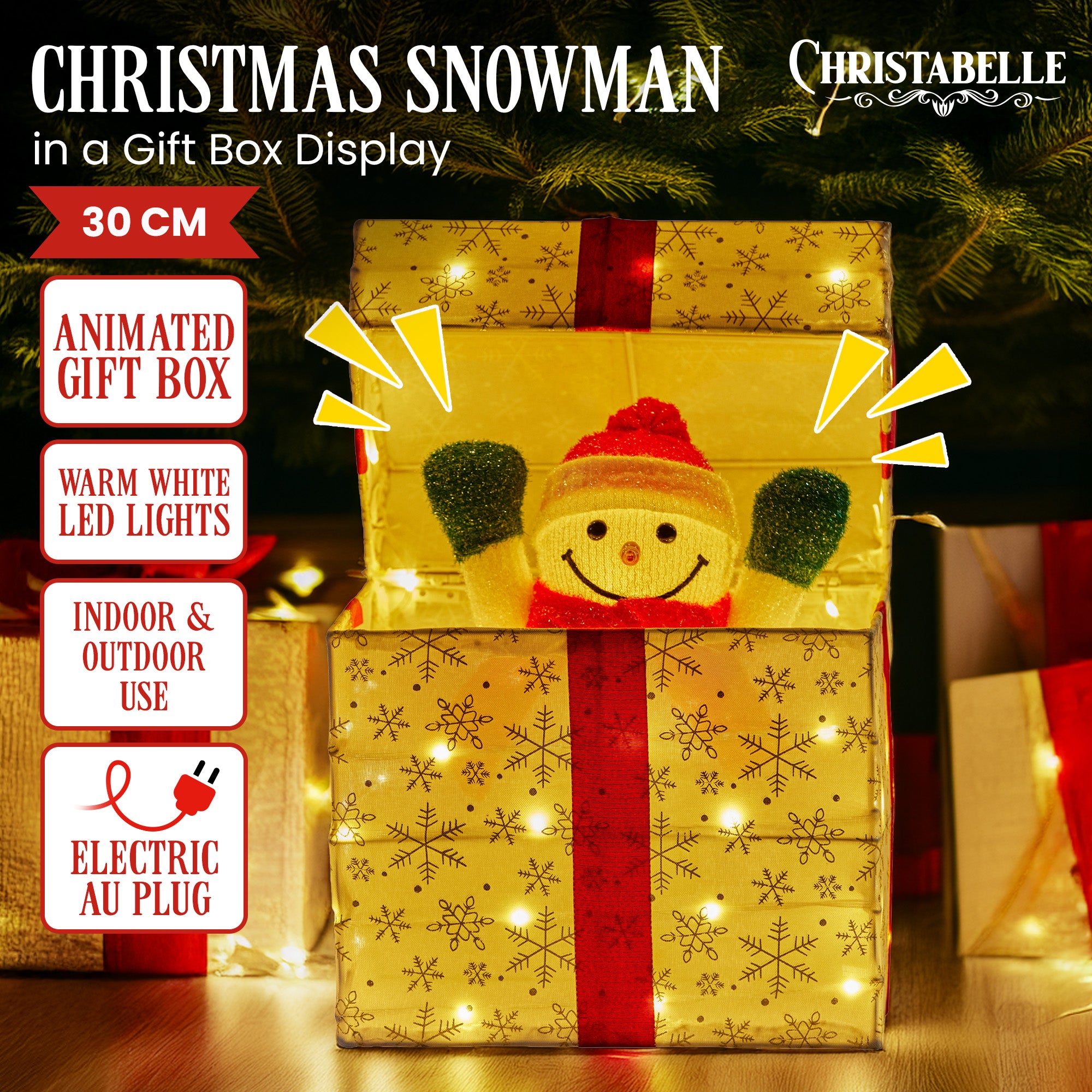 30CM Animated Snowman Gift Box Christmas Display with 50 Warm White LEDs