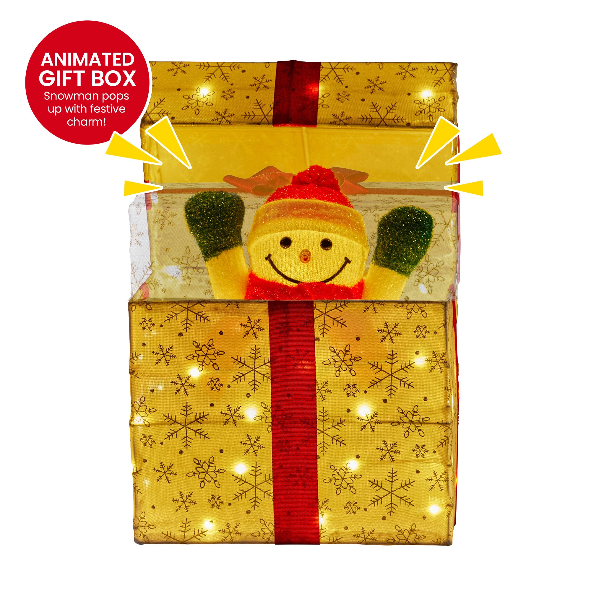 30CM Animated Snowman Gift Box Display – 50 Warm White LED Lights