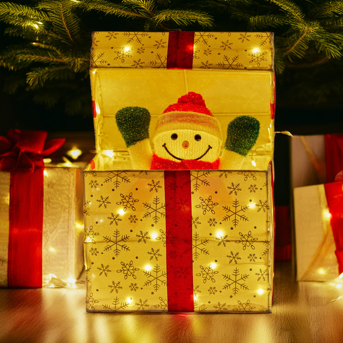 30CM Animated Snowman Gift Box Display – 50 Warm White LED Lights