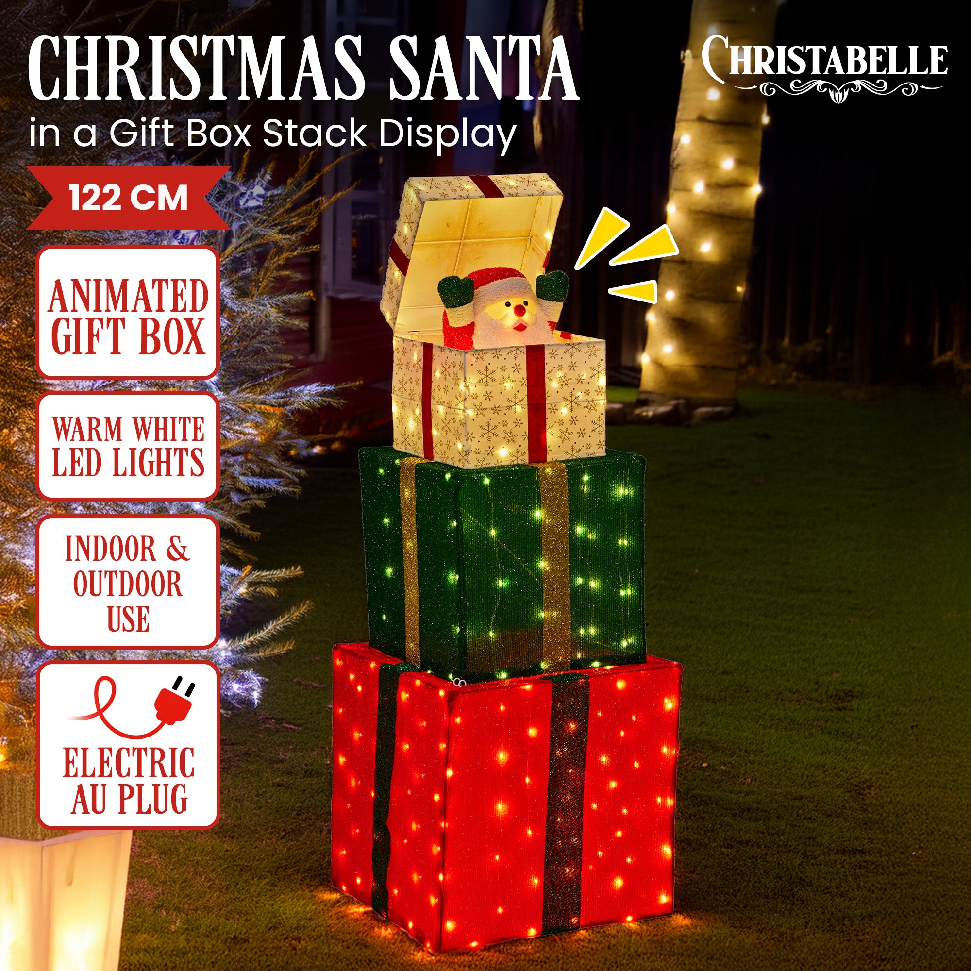 122CM Animated Santa Present Stack Christmas Display with 200 Warm White LEDs