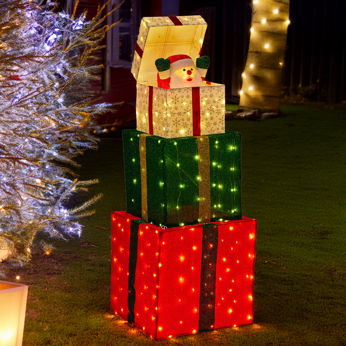 122CM Animated Present Stack Santa Display – 200 Warm White LED Lights