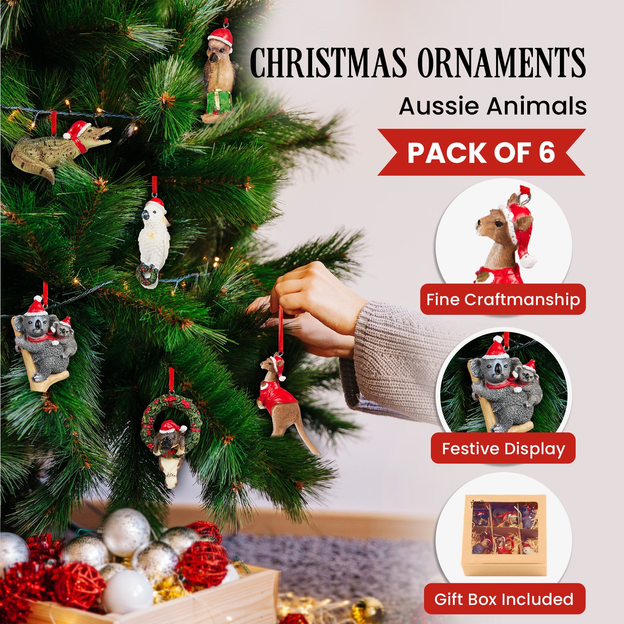 Aussie Animal Christmas Baubles – Pack of 6 Hanging Ornaments