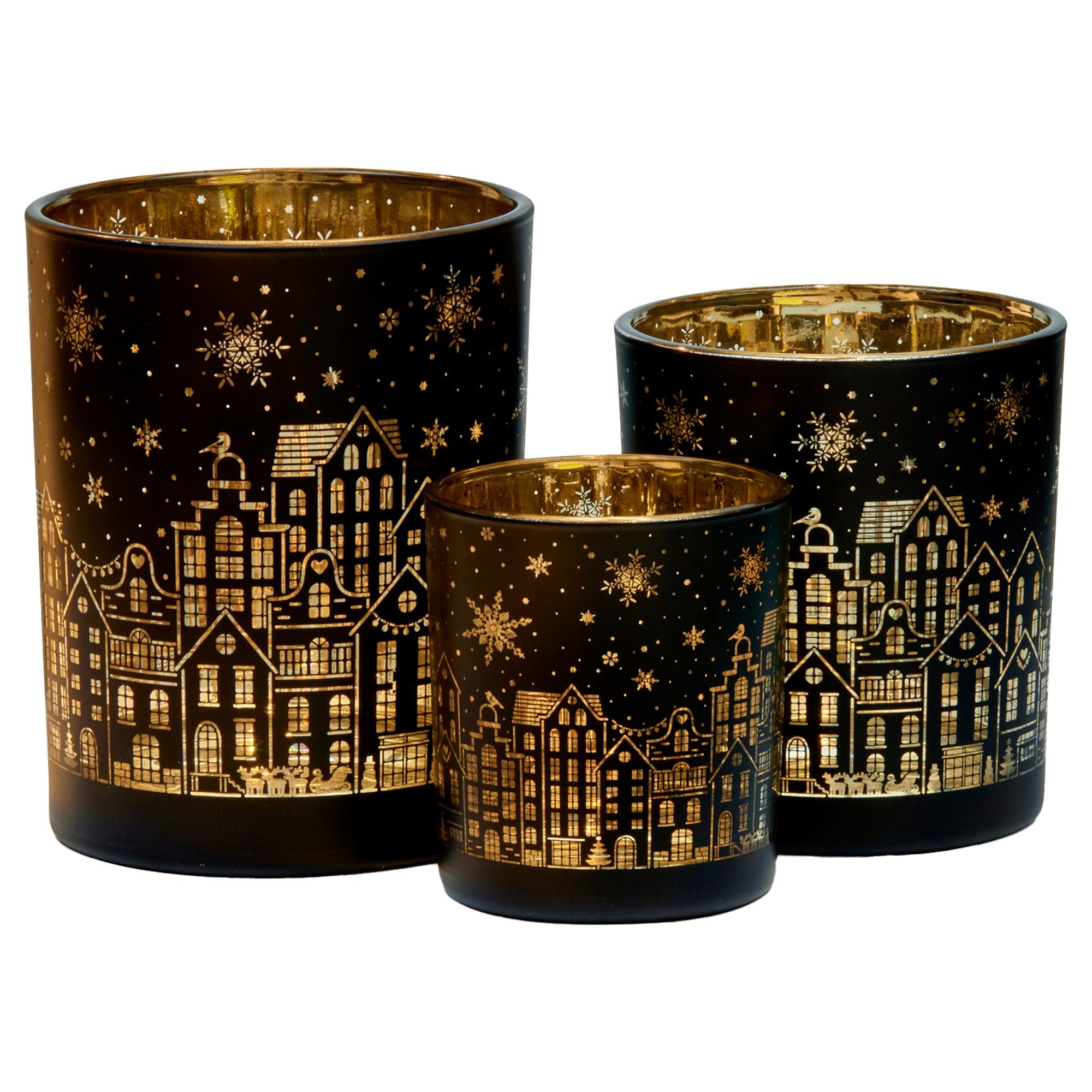 Christmas Candle Holder Set – Black Gold Glass Jars (3 Pack)