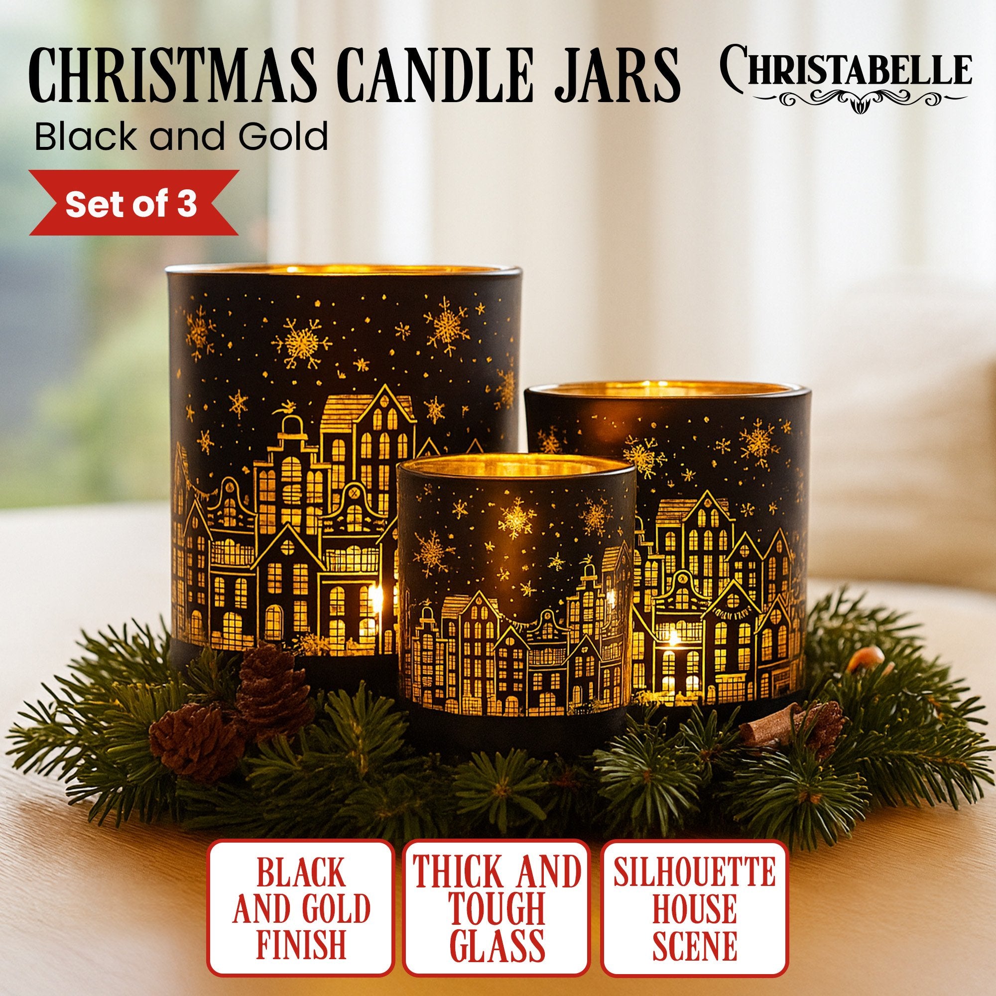Set of 3 Christmas Glass Candle Holders Black & Gold Village Design