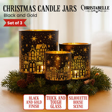 Set of 3 Christmas Glass Candle Holders Black & Gold Village Design