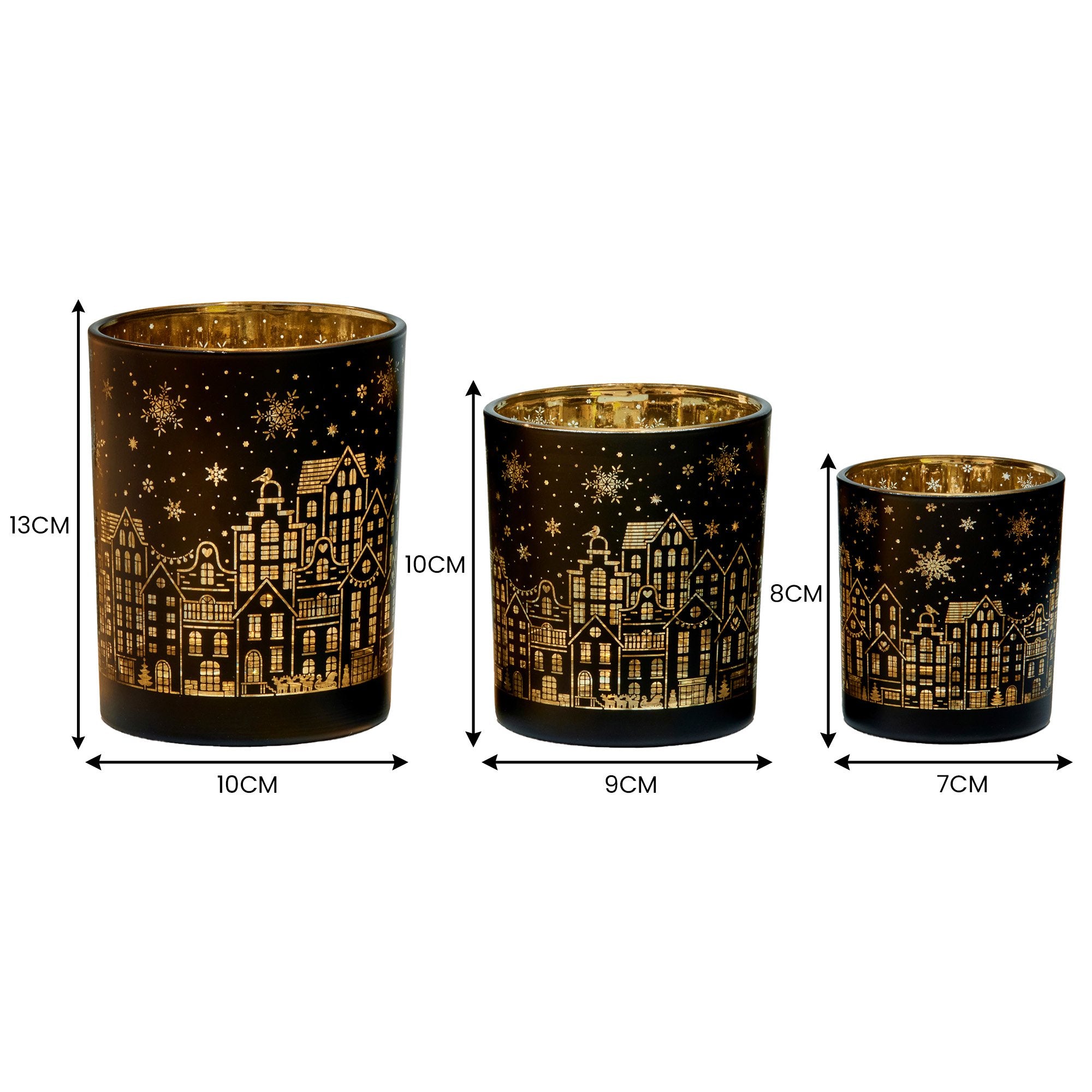 Christmas Candle Holder Set – Black Gold Glass Jars (3 Pack)