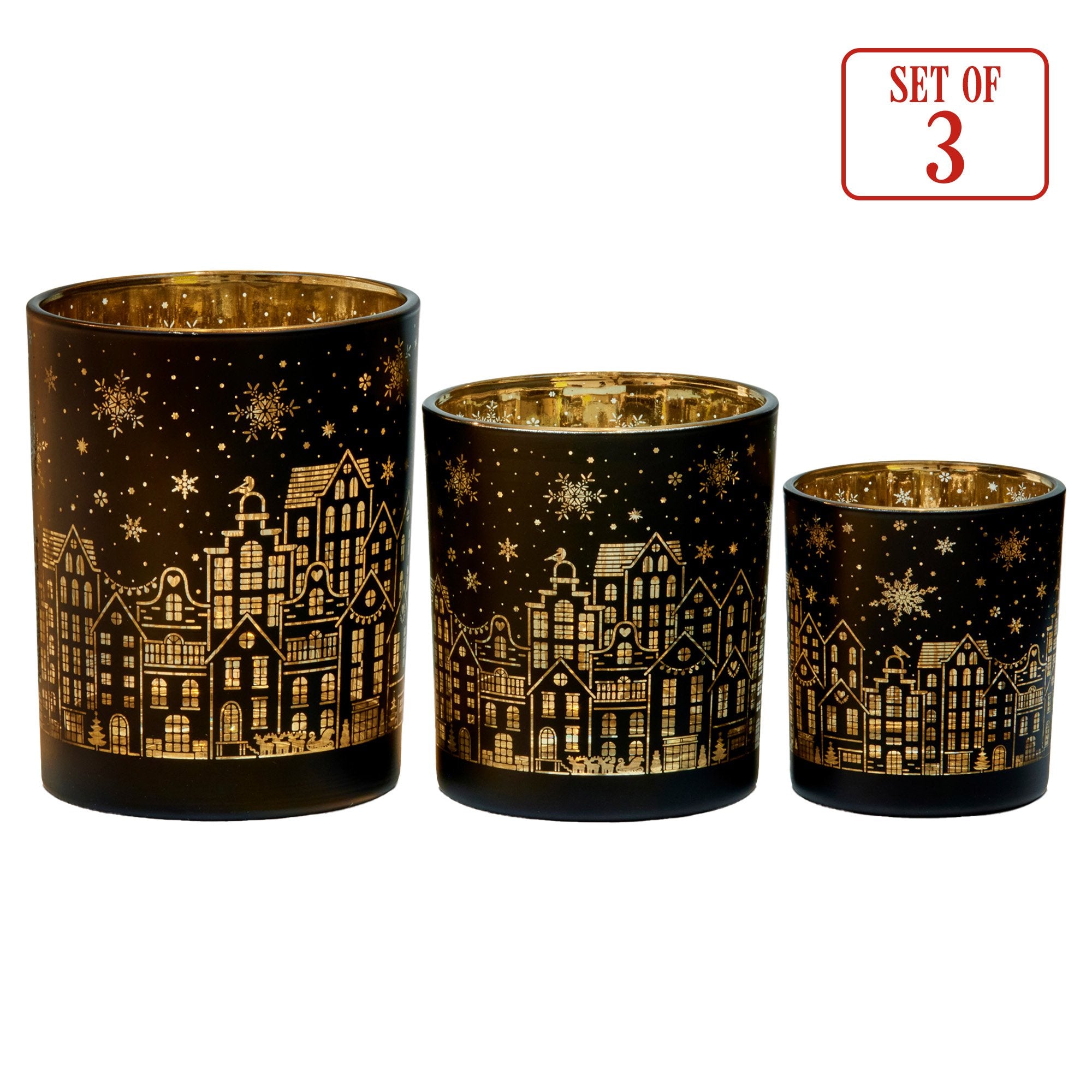 Set of 3 Christmas Glass Candle Holders Black & Gold Village Design