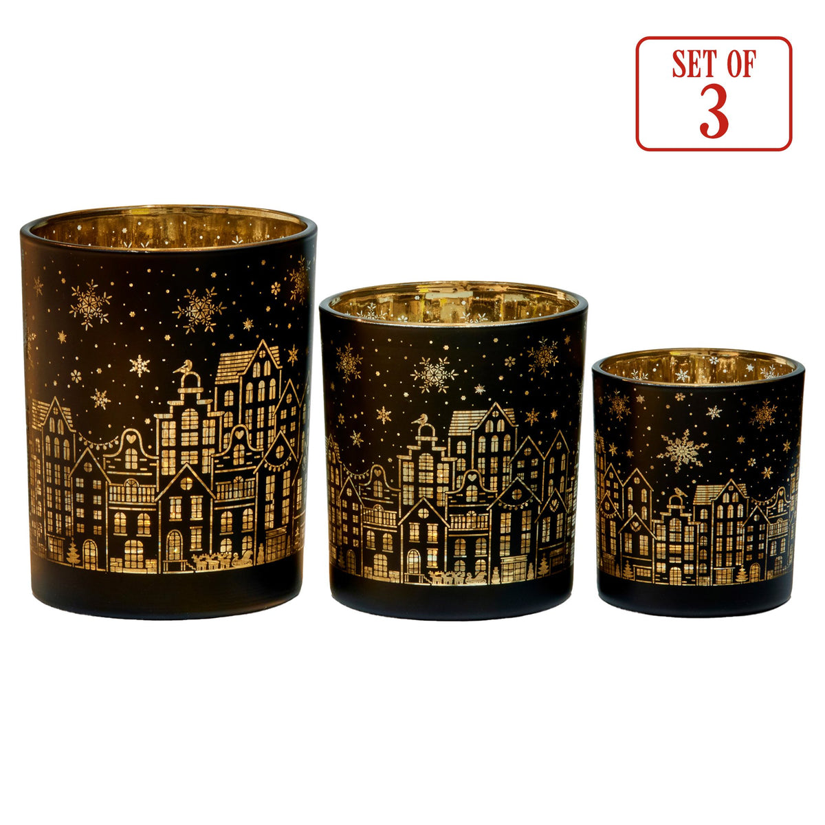 Set of 3 Christmas Glass Candle Holders Black & Gold Village Design