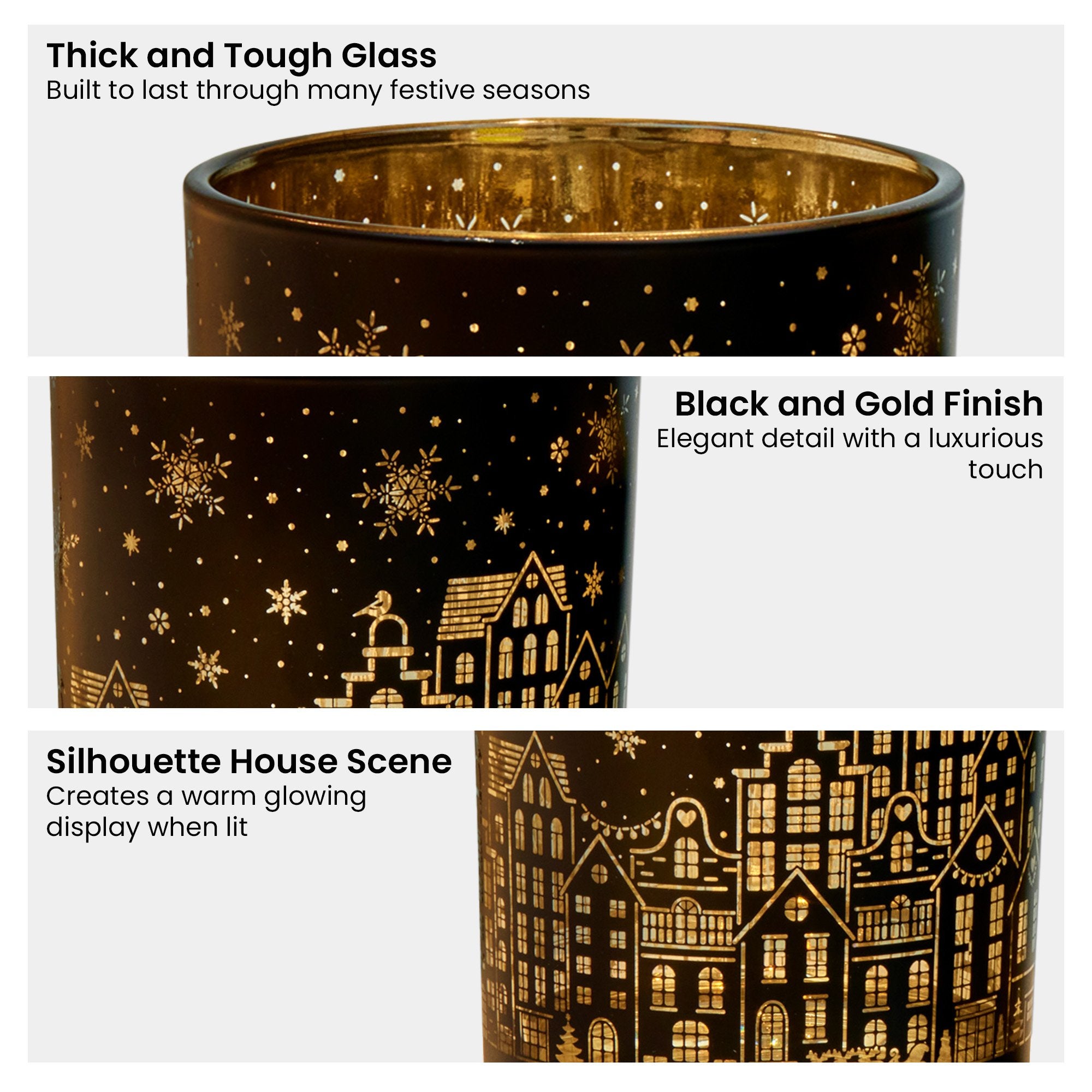 Christmas Candle Holder Set – Black Gold Glass Jars (3 Pack)