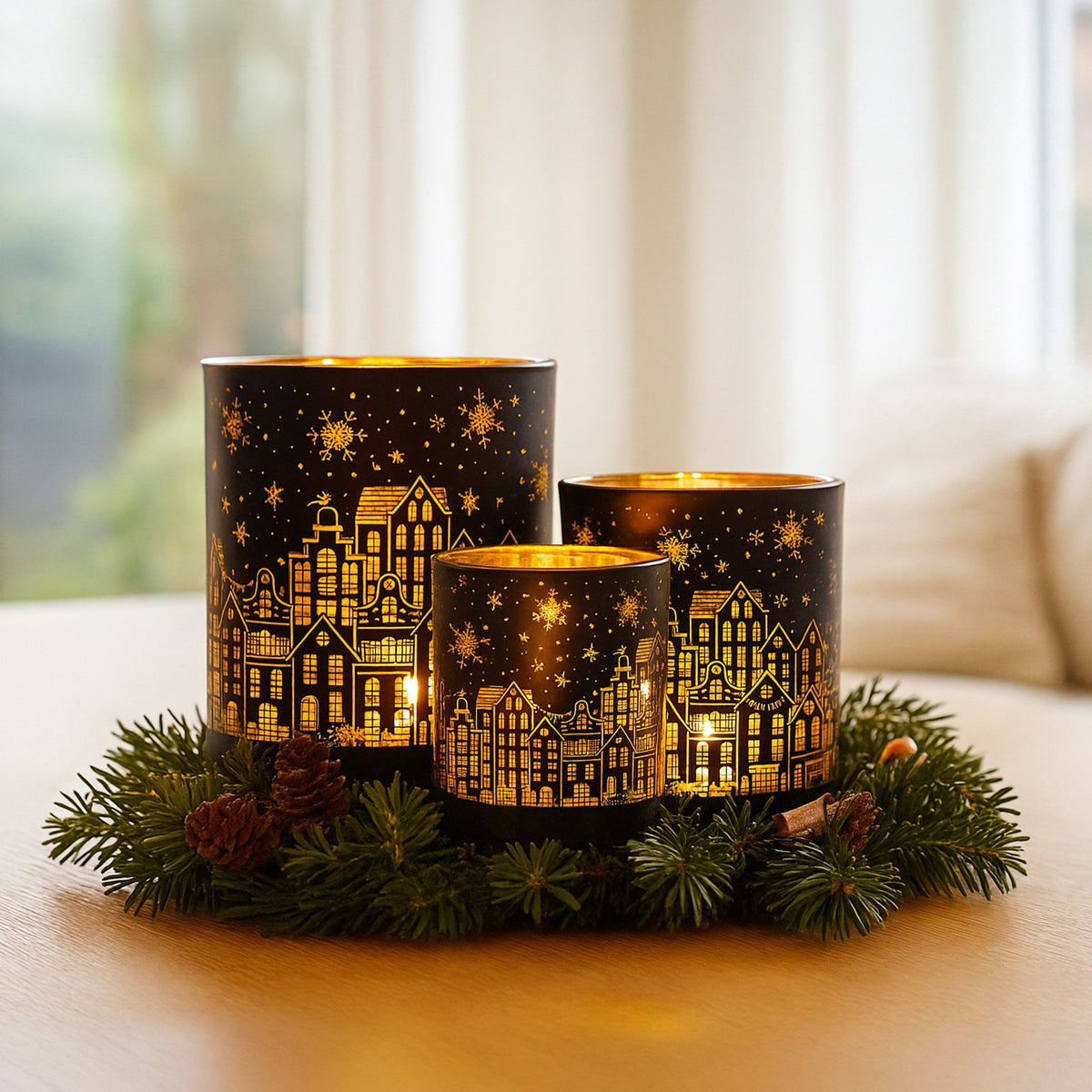 Christmas Candle Holder Set – Black Gold Glass Jars (3 Pack)