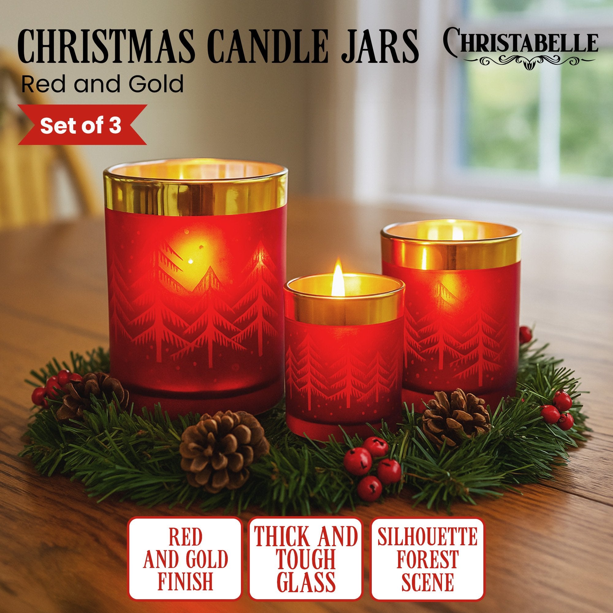 Set of 3 Christmas Glass Candle Holders Red & Gold Forest Design