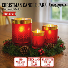Set of 3 Christmas Glass Candle Holders Red & Gold Forest Design