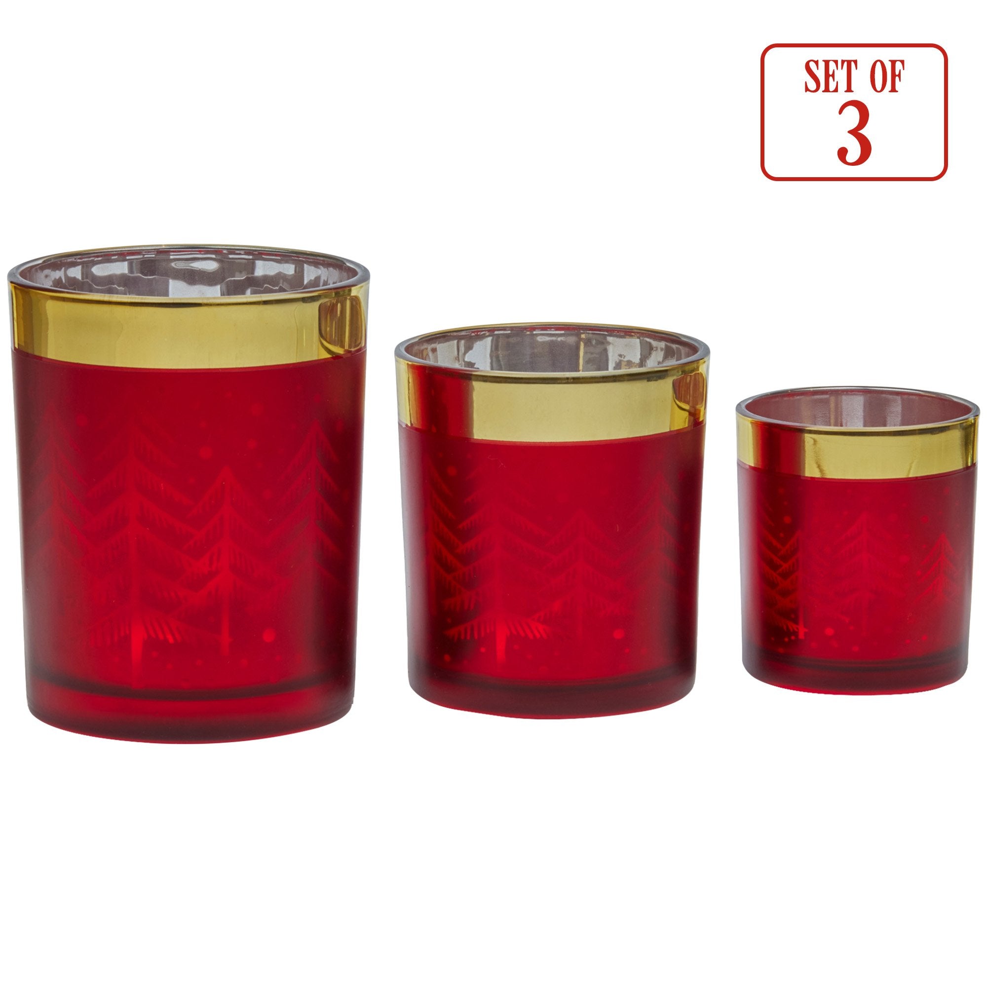 Set of 3 Christmas Glass Candle Holders Red & Gold Forest Design