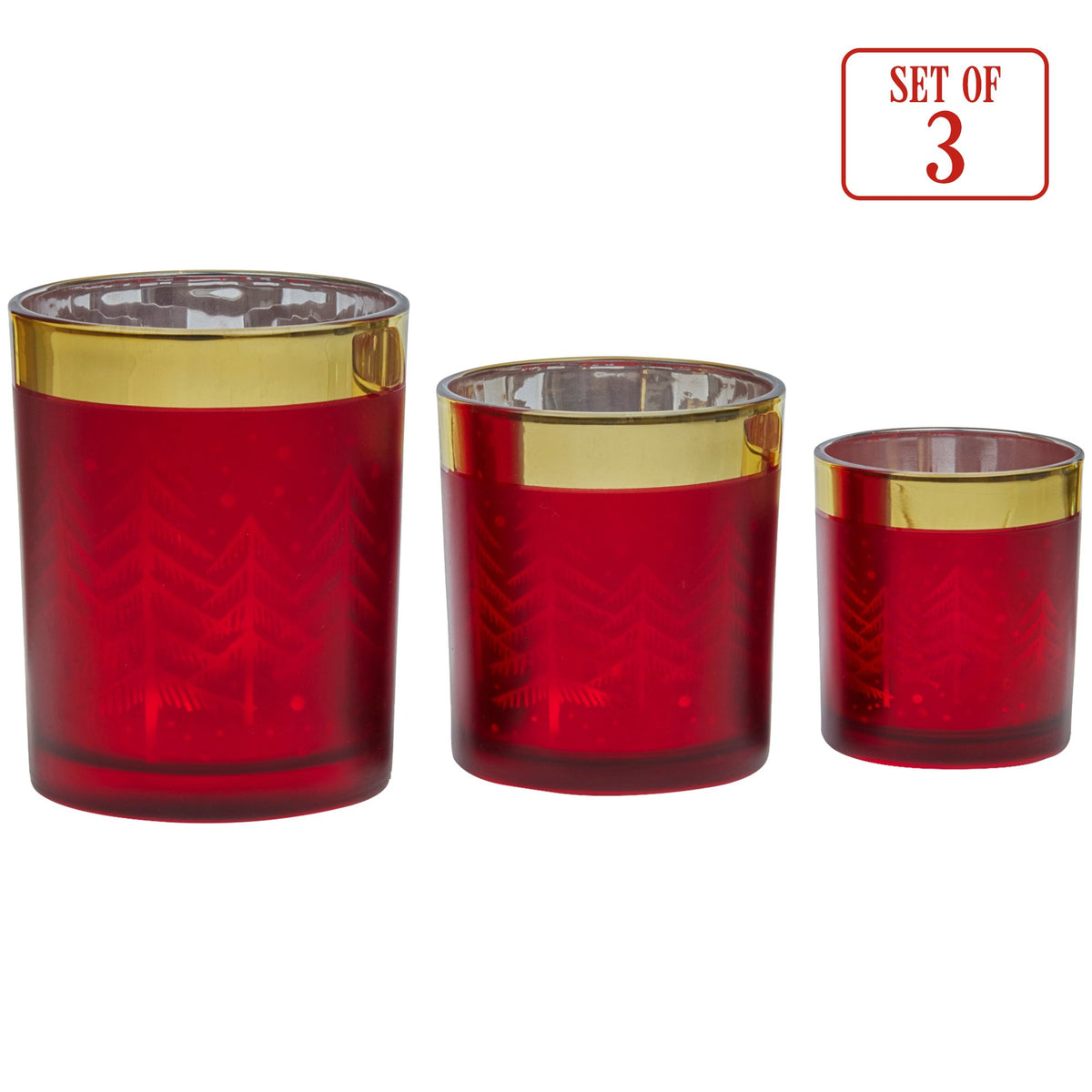 Set of 3 Christmas Glass Candle Holders Red & Gold Forest Design