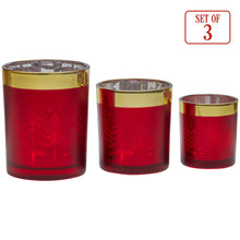 Set of 3 Christmas Glass Candle Holders Red & Gold Forest Design