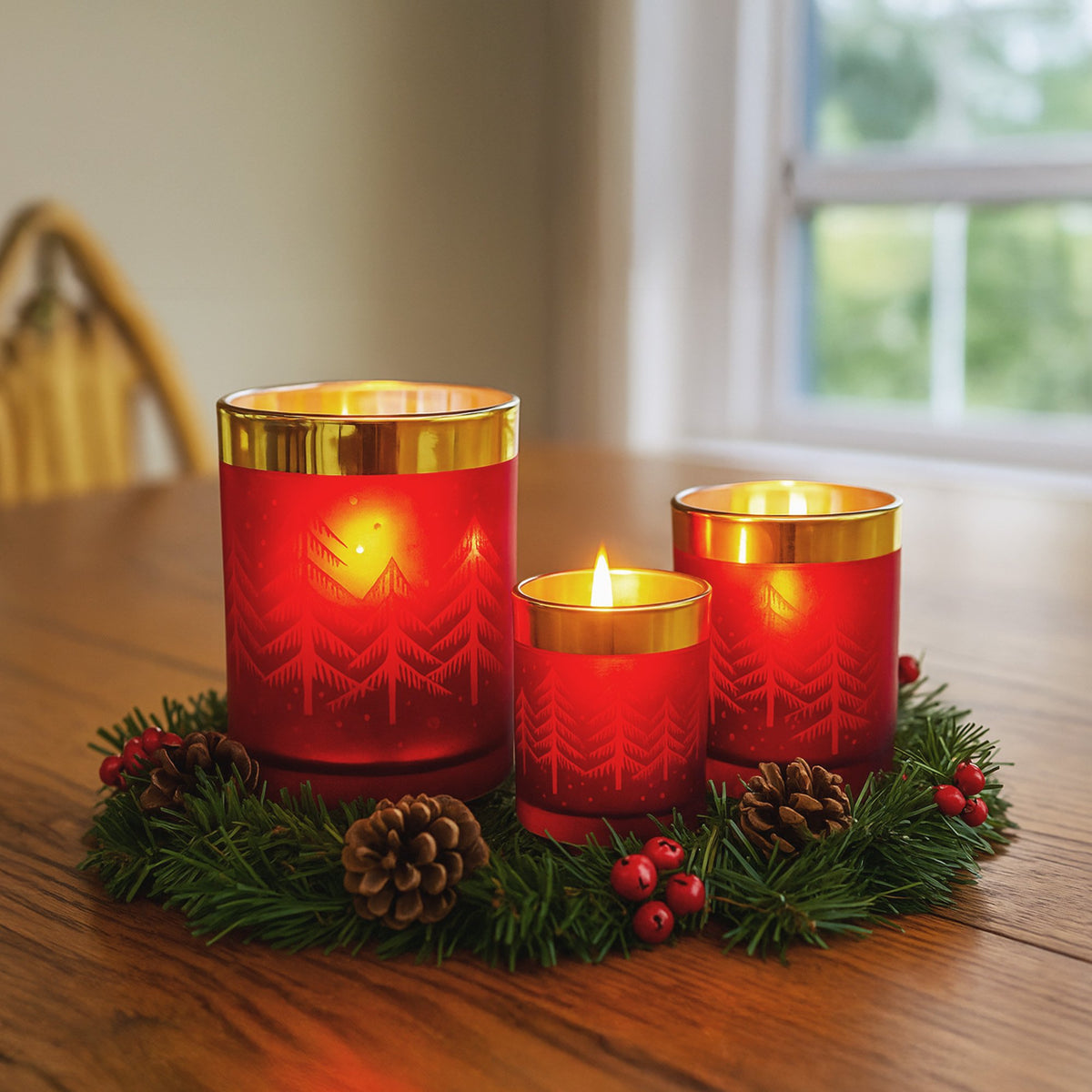 Christmas Candle Holder Set – Red Gold Glass Jars (3 Pack)
