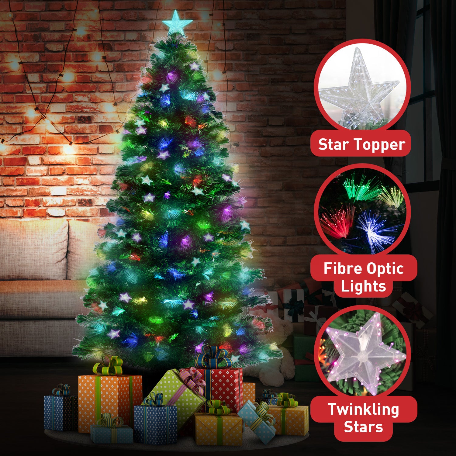 7FT Pre-Lit Fibre Optic Christmas Tree with Light-Up Stars