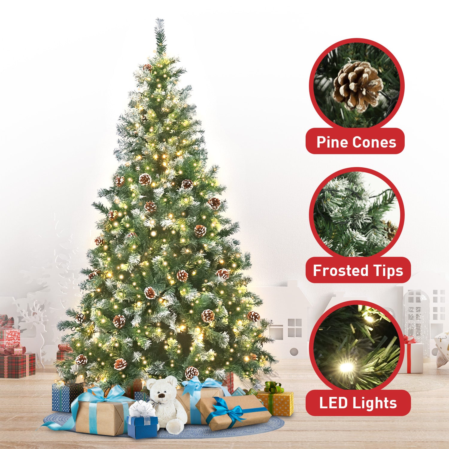 8FT Pre-Lit Snow-Tipped Christmas Tree with Pine Cones