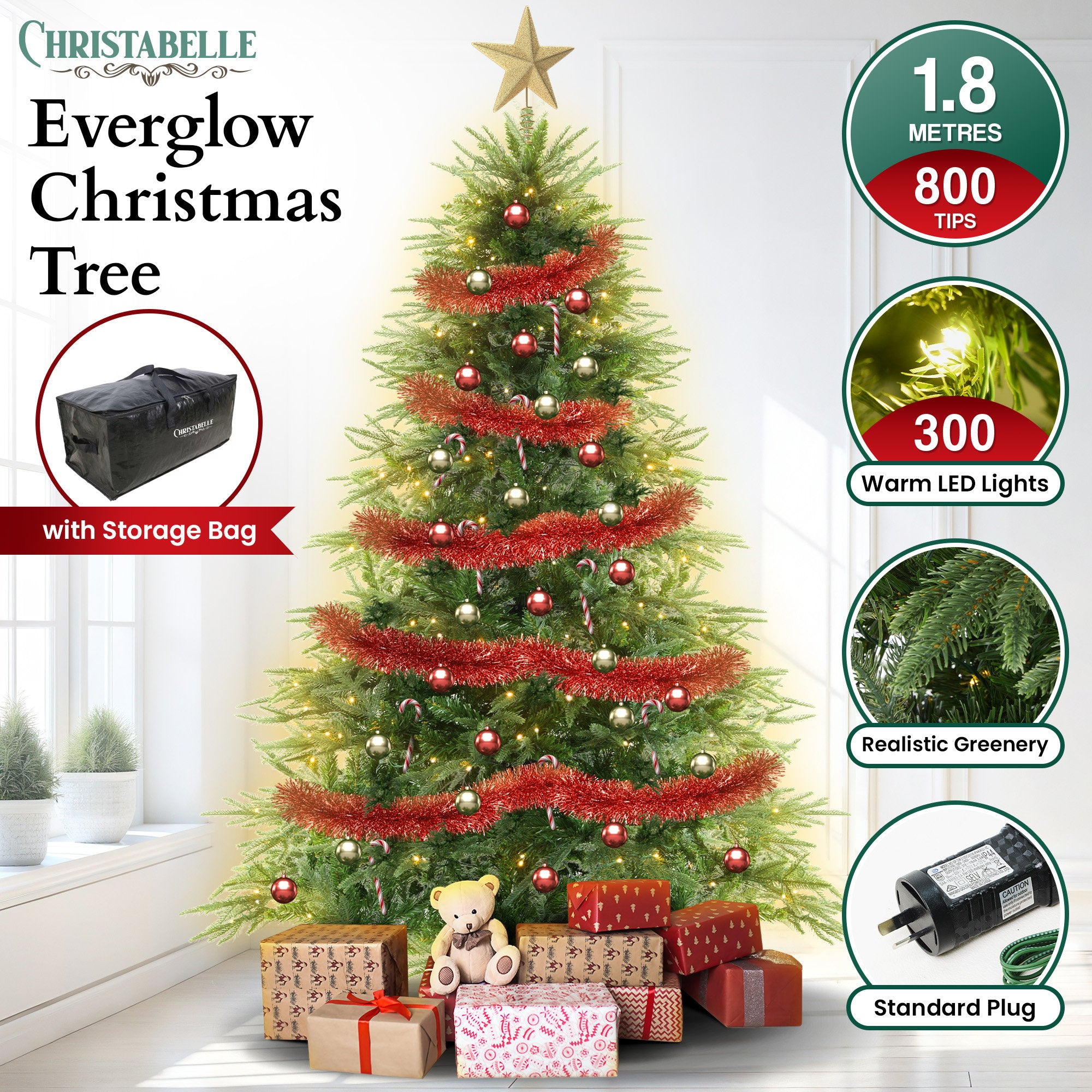 6FT Pre-Lit Everglow Fir Christmas Tree with 300 LED Lights
