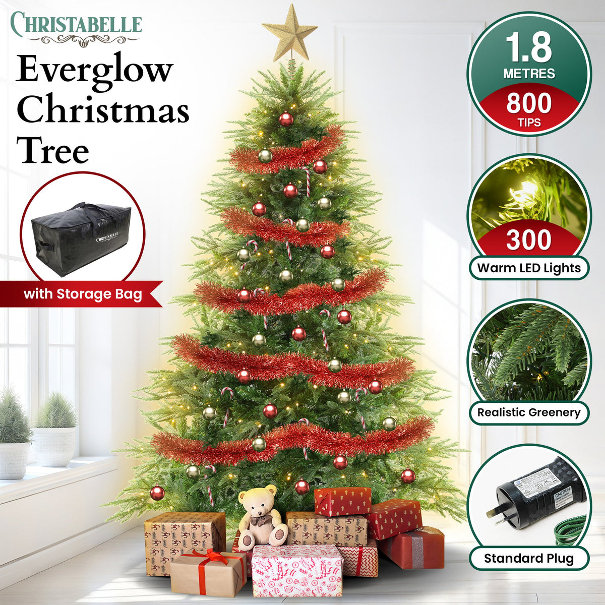 6FT Pre-Lit Everglow Fir Christmas Tree with 300 LED Lights