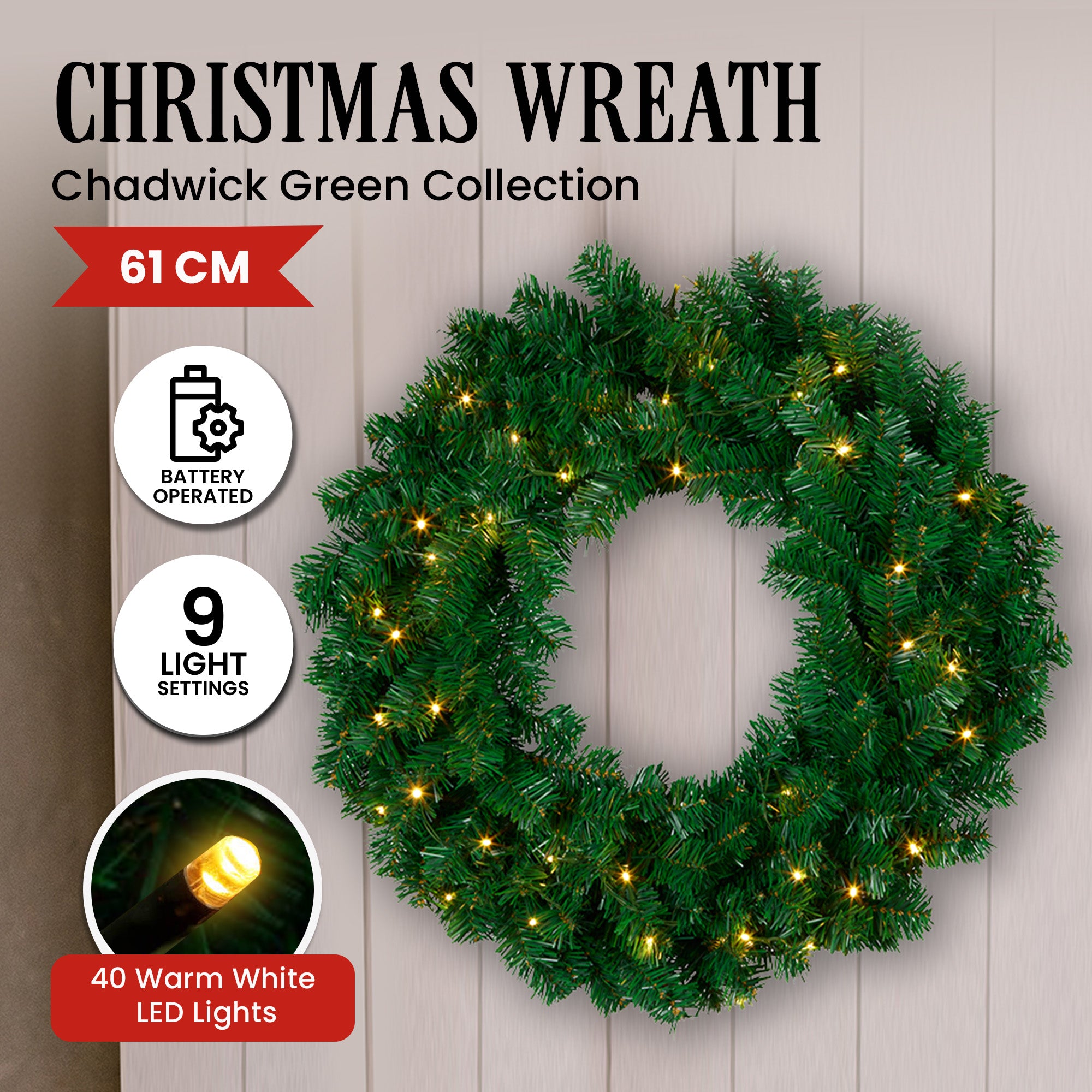 61cm Pre-Lit Christmas Wreath – 180 Tips, 40 Warm White LEDs