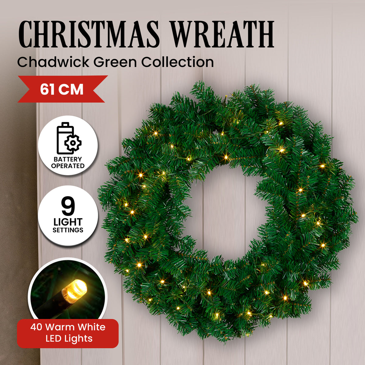 61CM Chadwick Christmas Wreath with 40 LED Lights