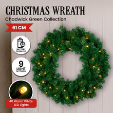 61cm Pre-Lit Christmas Wreath – 180 Tips, 40 Warm White LEDs